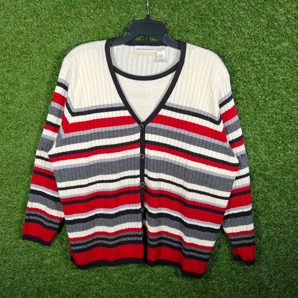 VTG Alfred Dunner Striped Cardigan Sweater 3X White Red Gray Cable Knit Button